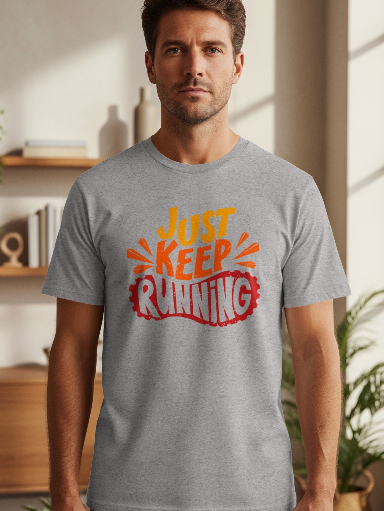 Grey t-shirt with orange and red text that reads "JUST KEEP RUNNING".
