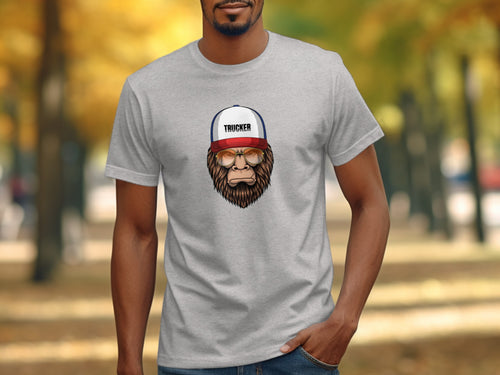 Man wearing grey t-shirt with bigfoot wearing trucker hat graphic.