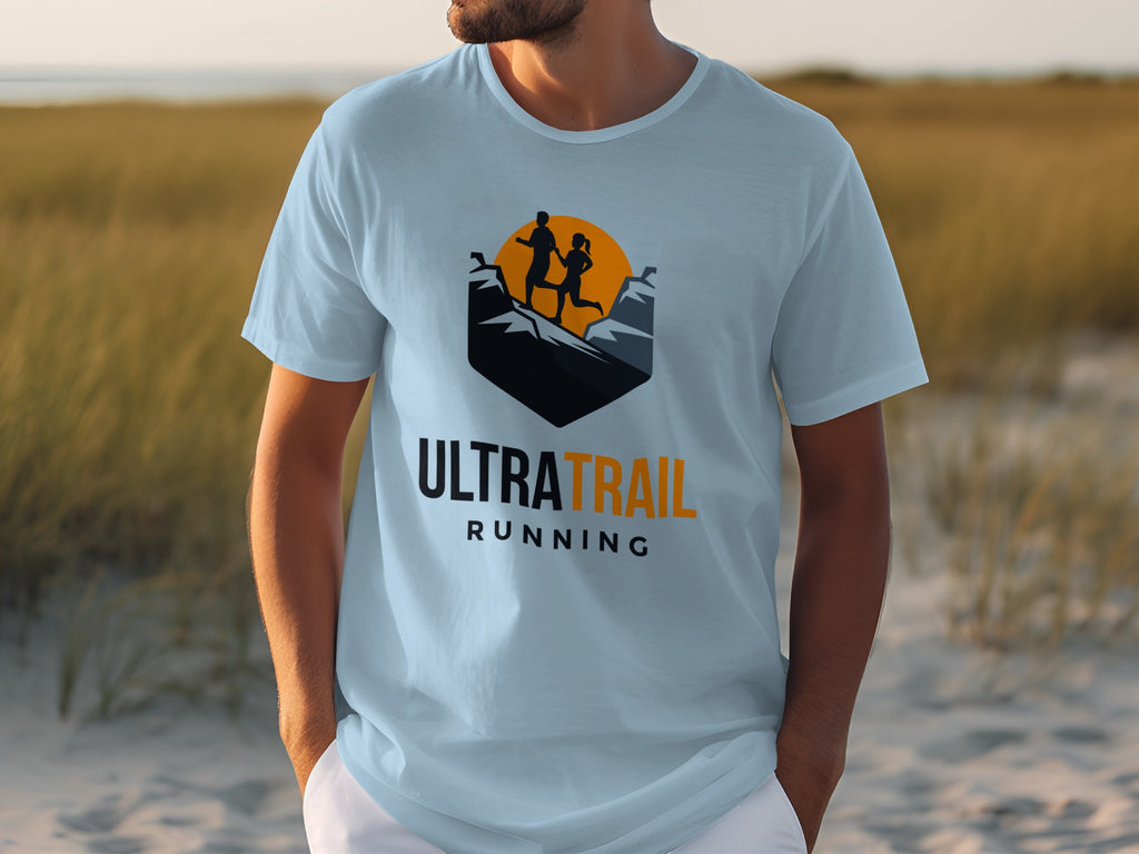 Light blue t-shirt with "ULTRA TRAIL RUNNING" text and mountain runners logo.