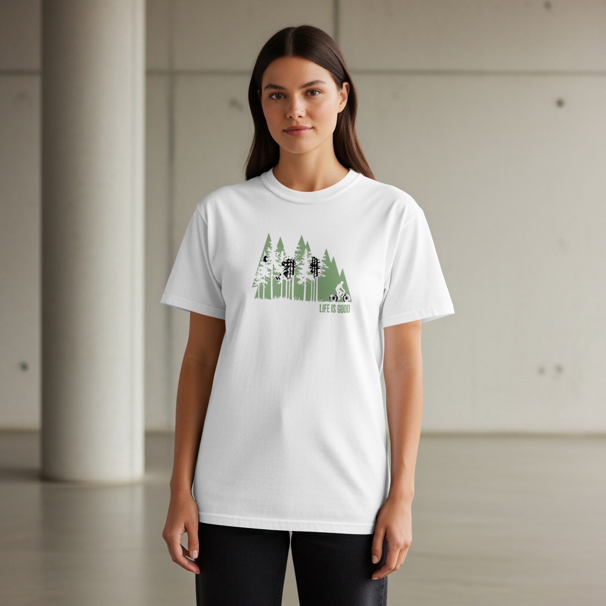 White t-shirt with forest graphic and text "LIFE IS GOOD".