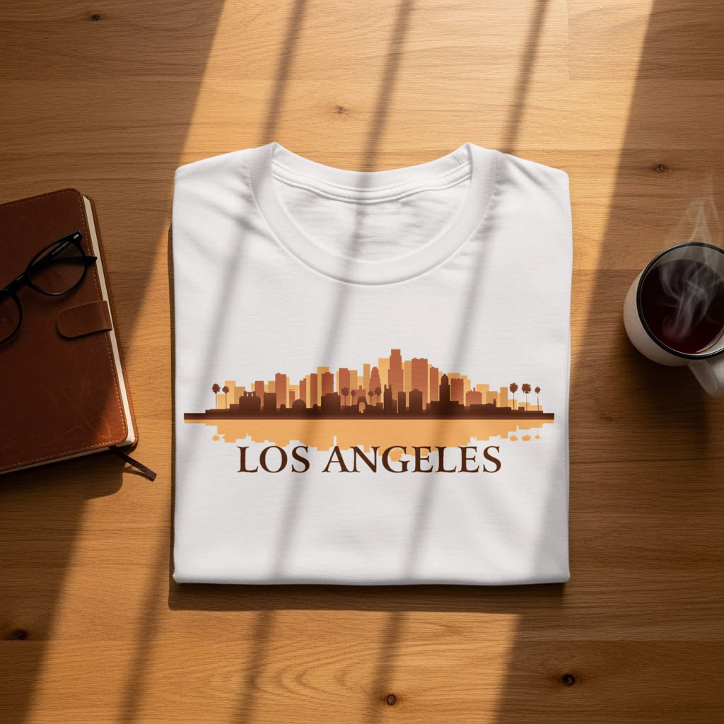 White t-shirt with Los Angeles skyline graphic and text.
