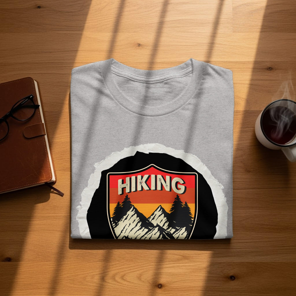Gray t-shirt with a shield design featuring mountains, pine trees, and the text "HIKING".