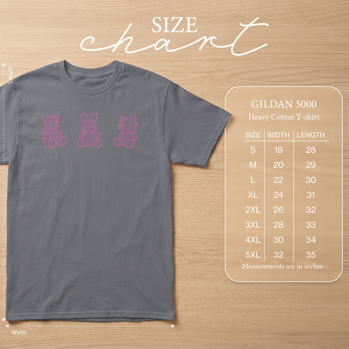 GILDAN 5000 Heavy Cotton T-shirt size chart with width and length measurements in inches.