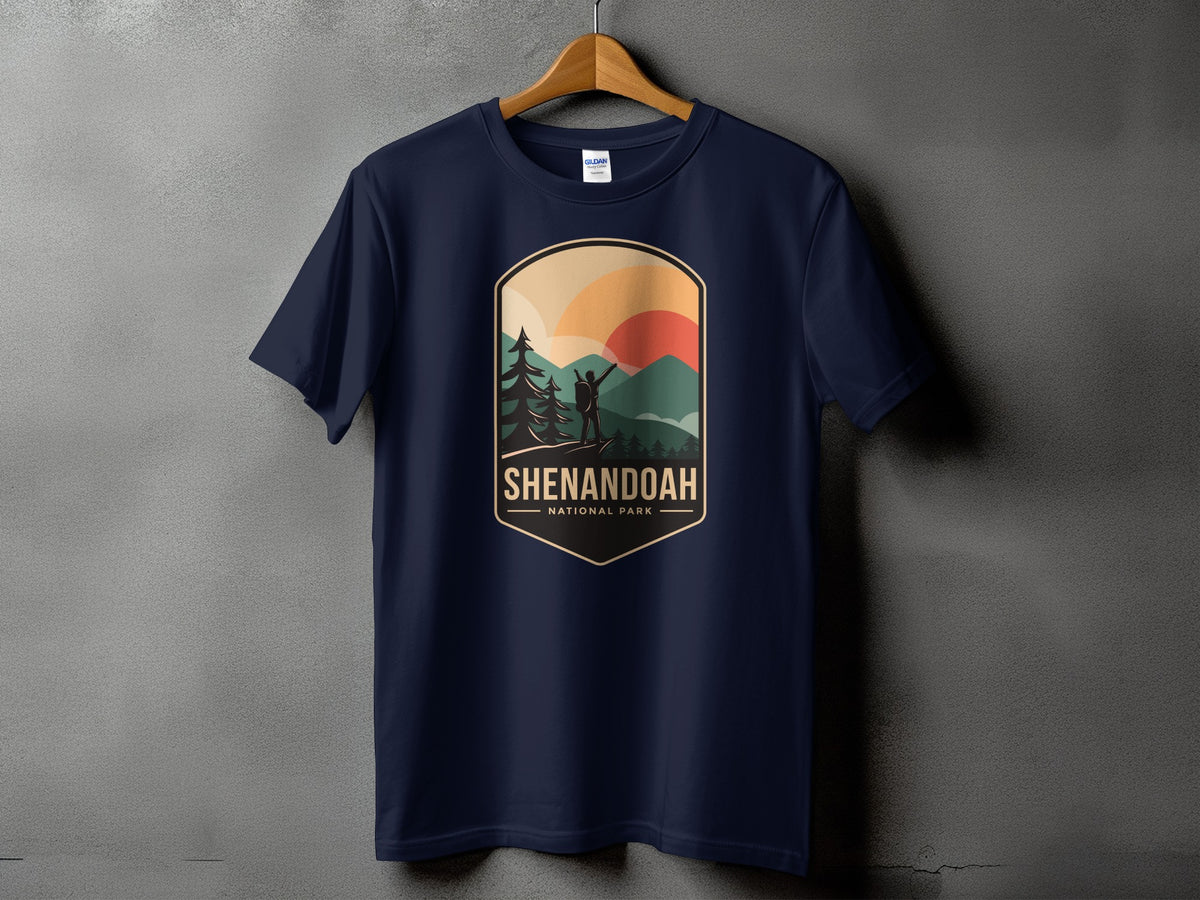 Navy t-shirt with Shenandoah National Park landscape graphic.