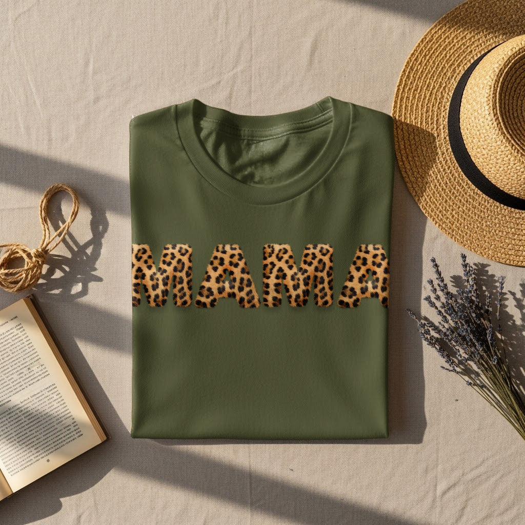 Green t-shirt with "MAMA" in leopard print letters.