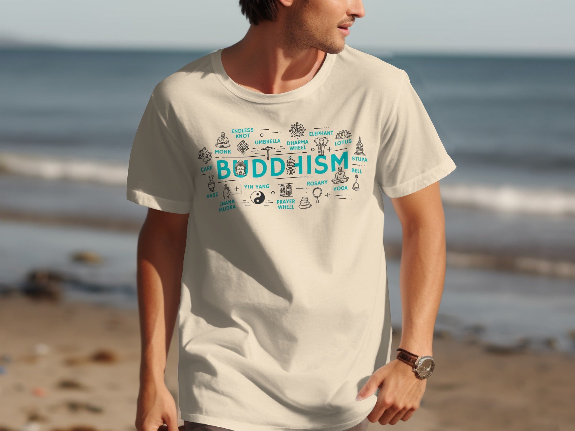 T-shirt with "BUDDHISM" and related symbols and text.