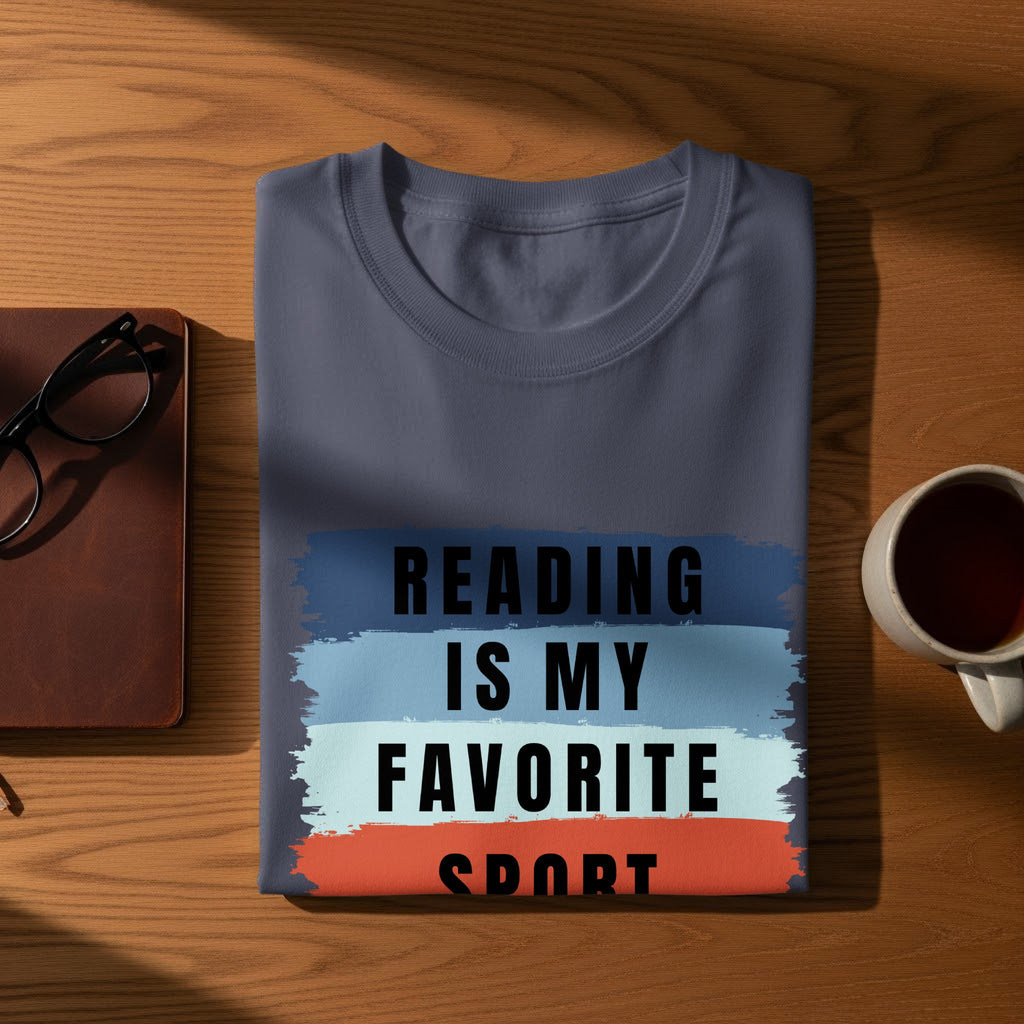 Dark blue t-shirt with "READING IS MY FAVORITE SPORT" text in black.