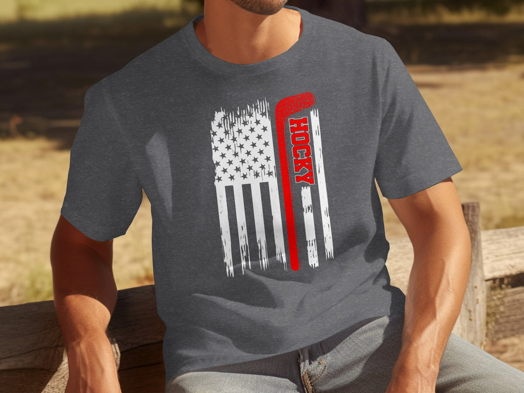 Men's dark gray t-shirt with distressed American flag and red hockey stick graphic.