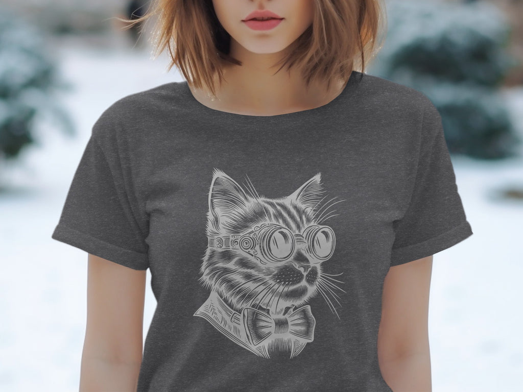 Gray t-shirt with a line drawing of a cat wearing steampunk goggles and a bowtie.