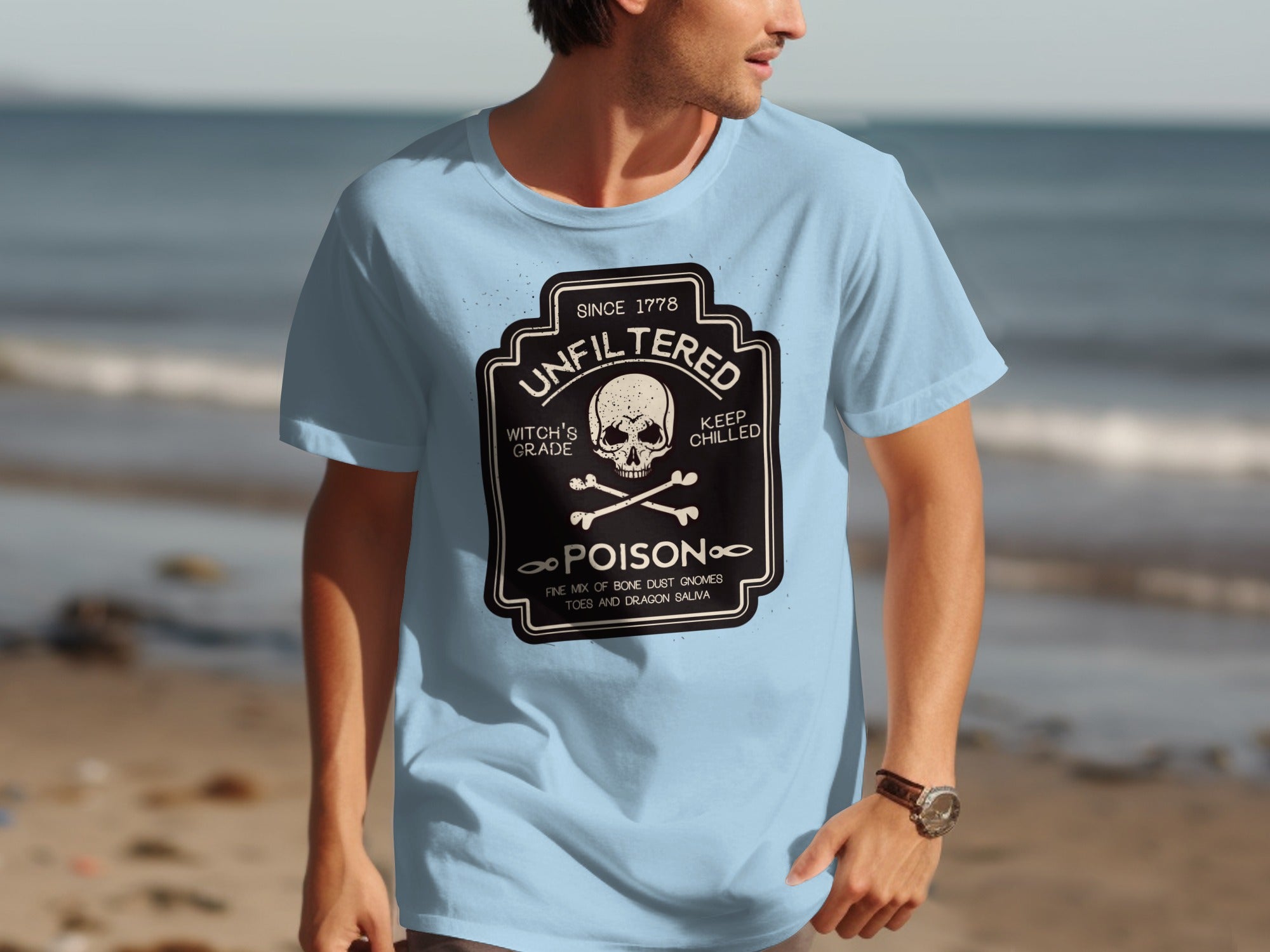 Light blue t-shirt with "Unfiltered Poison" skull and crossbones graphic.