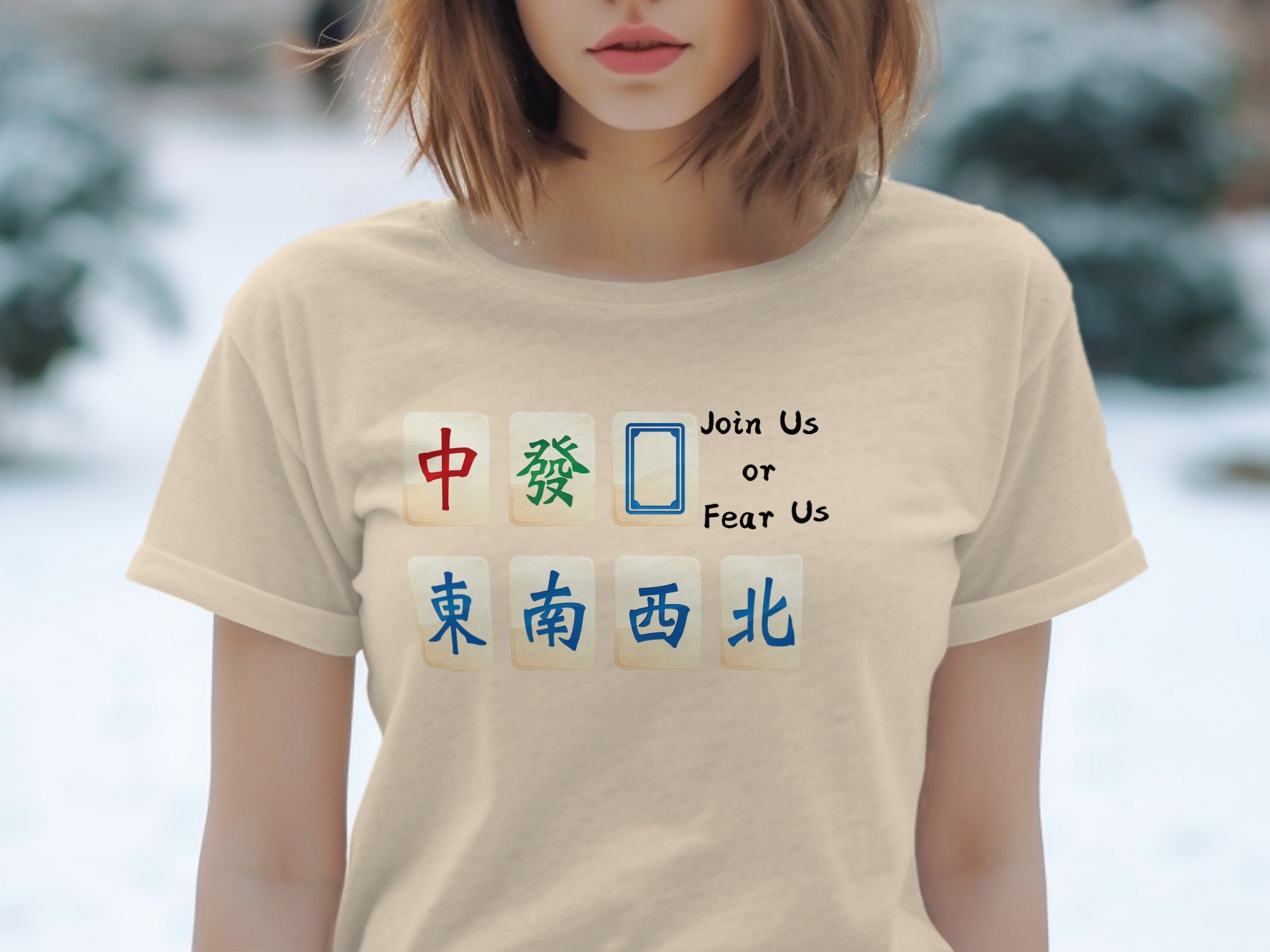 T-shirt with Chinese characters and "Join Us or Fear Us" text.