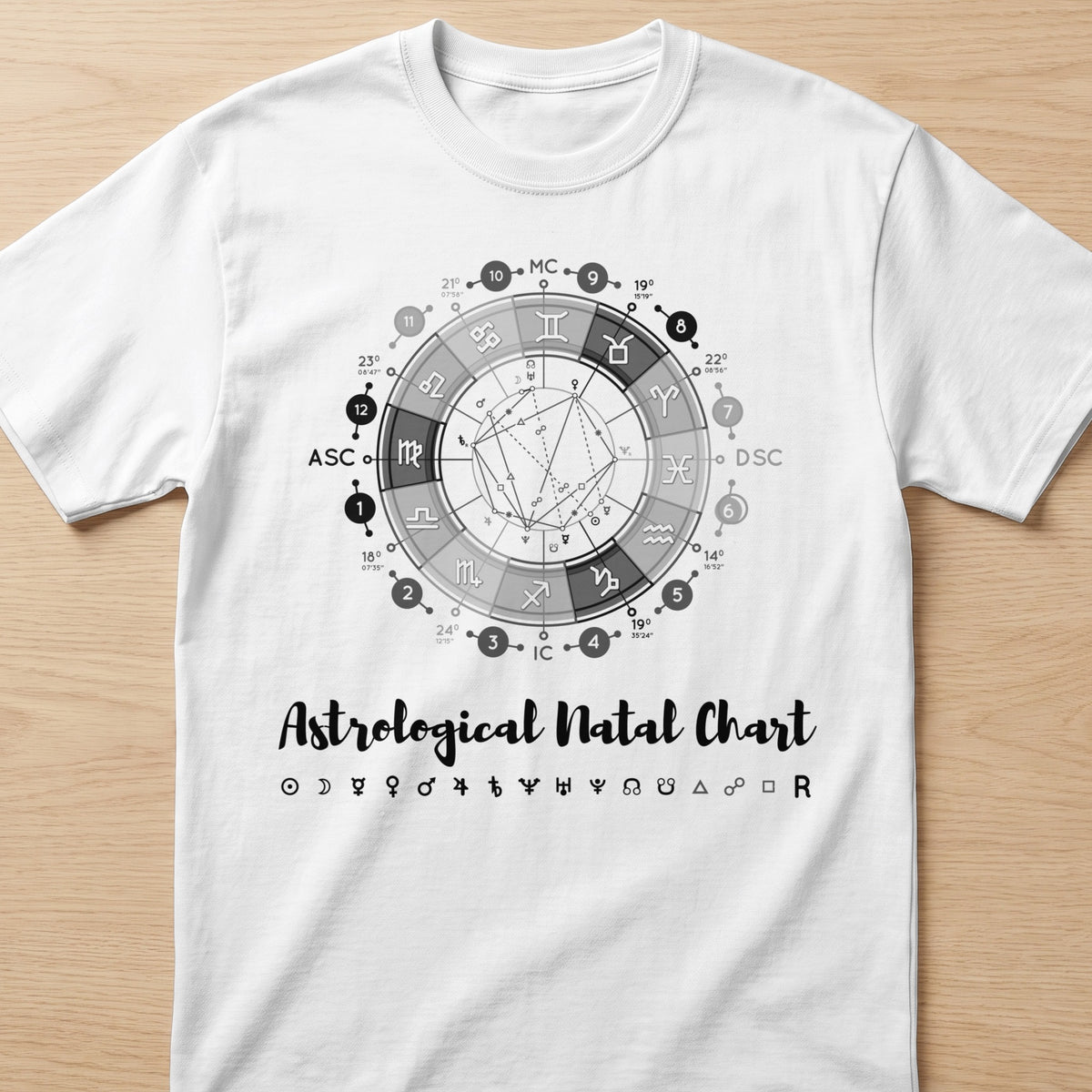 White t-shirt with an astrological natal chart design and symbols.