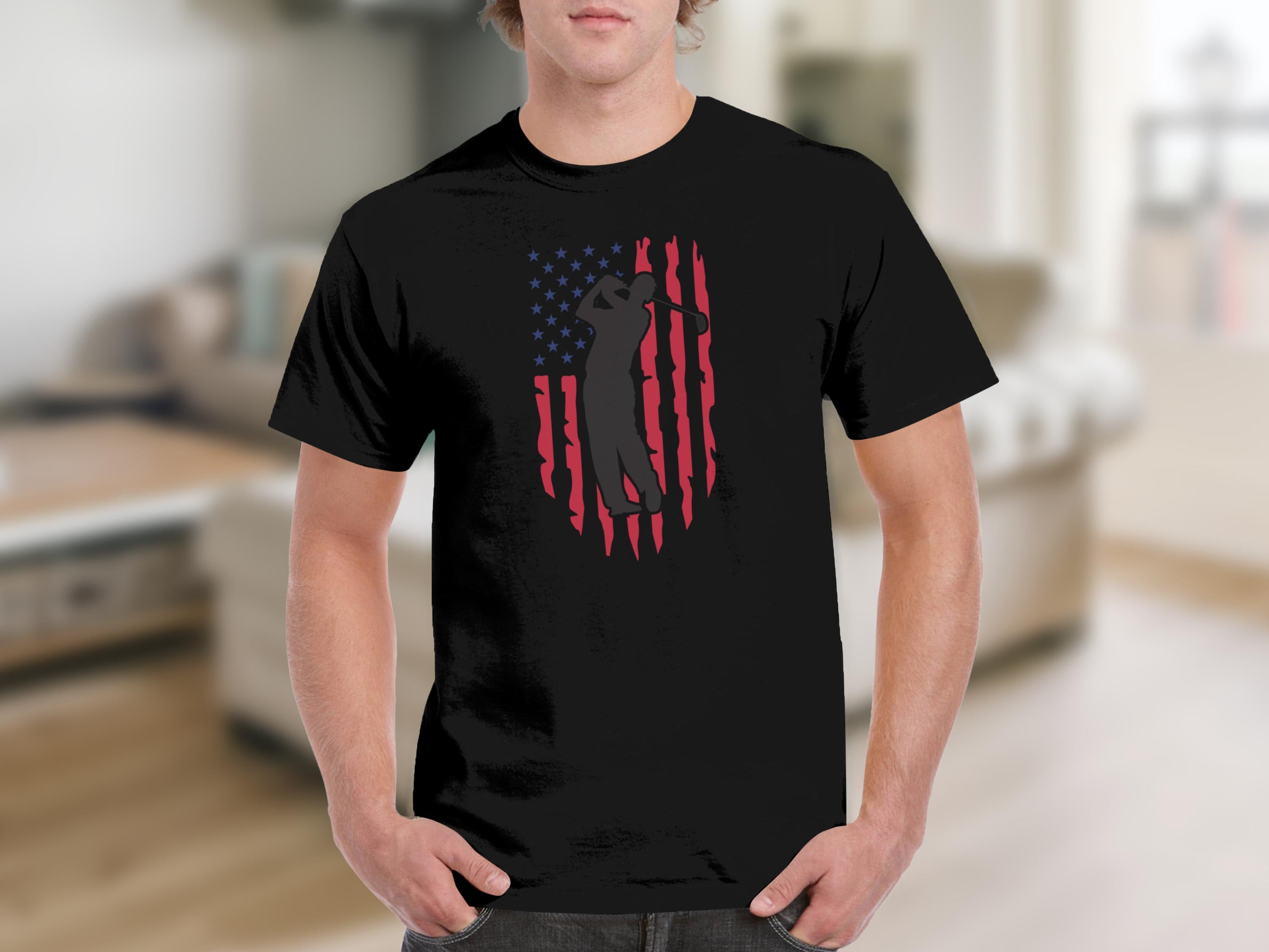 Black t-shirt with faded American flag and golfer silhouette.