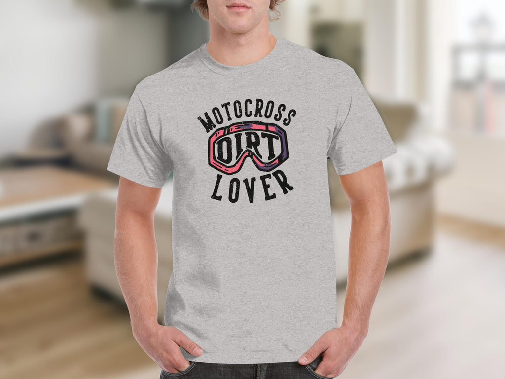 Grey t-shirt with "Motocross Dirt Lover" text and goggles graphic.
