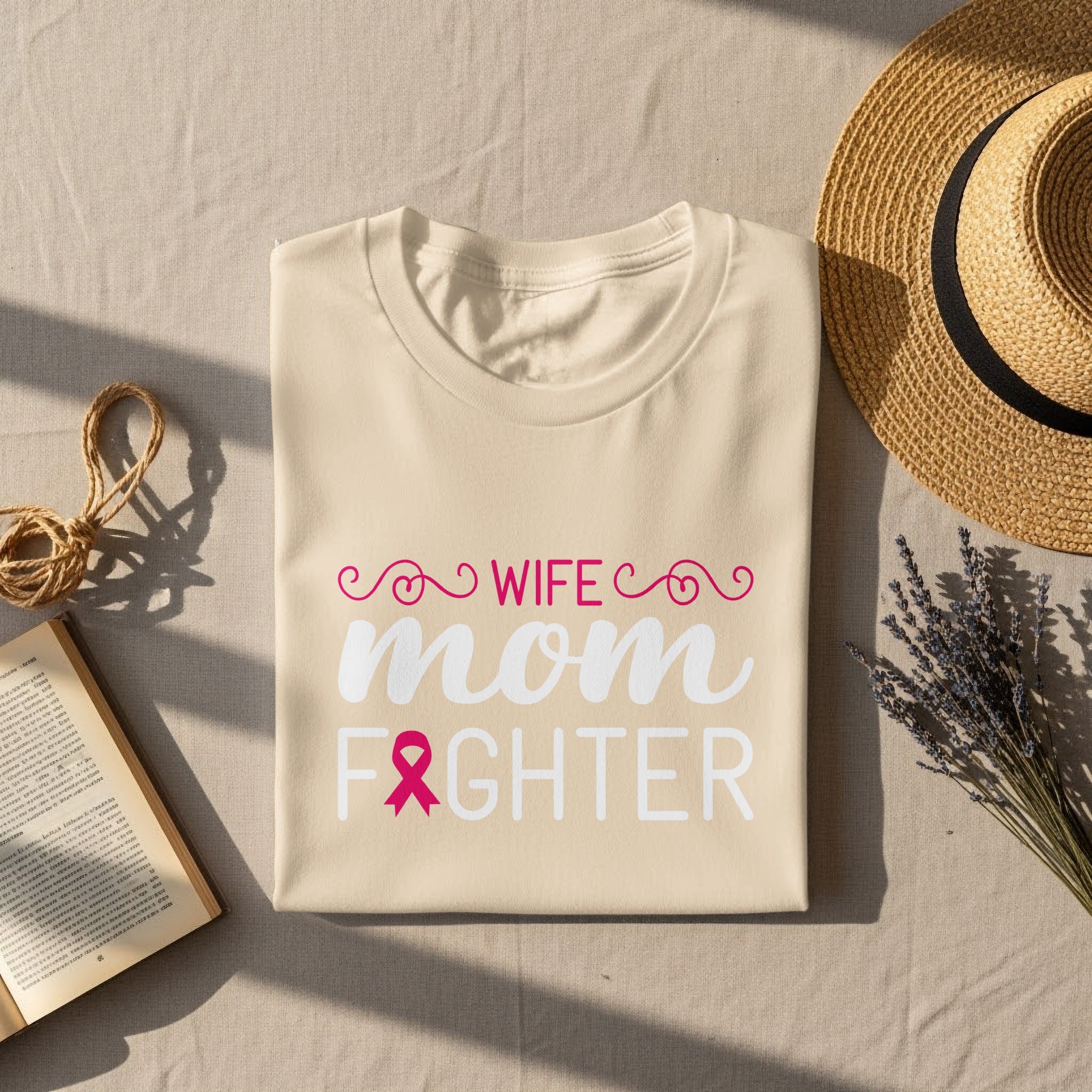 Cream t-shirt with "Wife Mom Fighter" text and pink ribbon graphic.