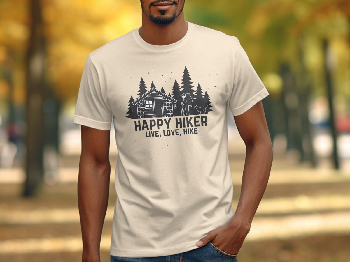 Cream t-shirt with "Happy Hiker Live, Love, Hike" graphic of cabin, trees, hiker, and dog.