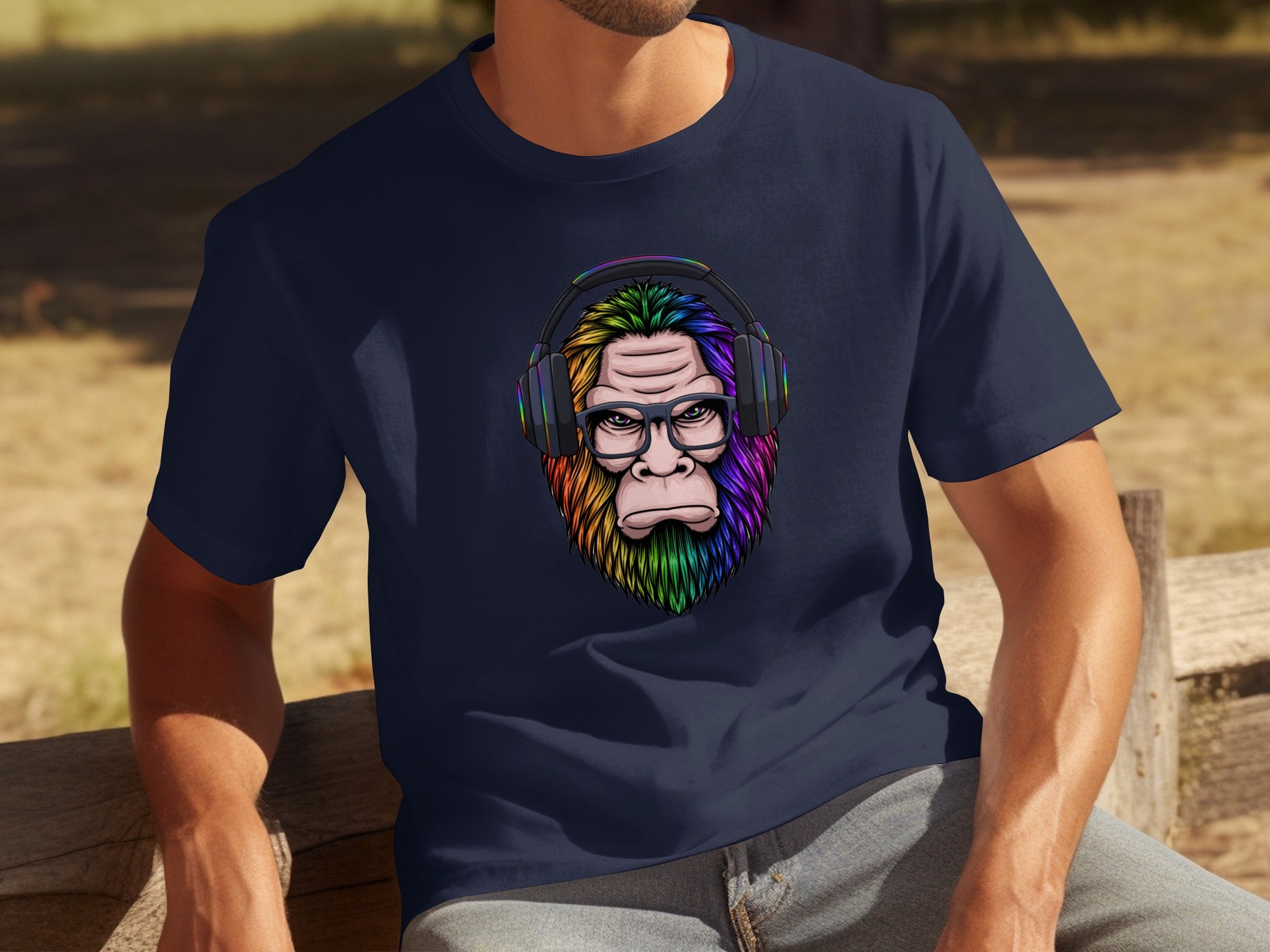 A colorful Bigfoot wearing headphones and glasses, printed on a navy t-shirt.