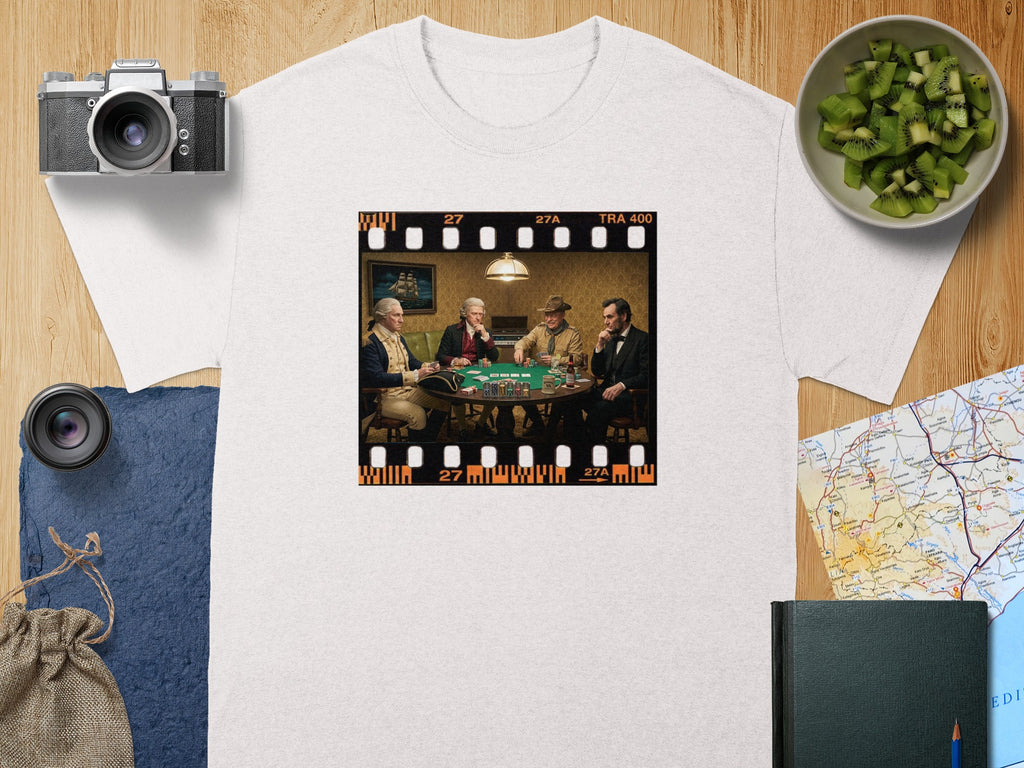 Four historical figures play poker in a film strip across a white t-shirt.