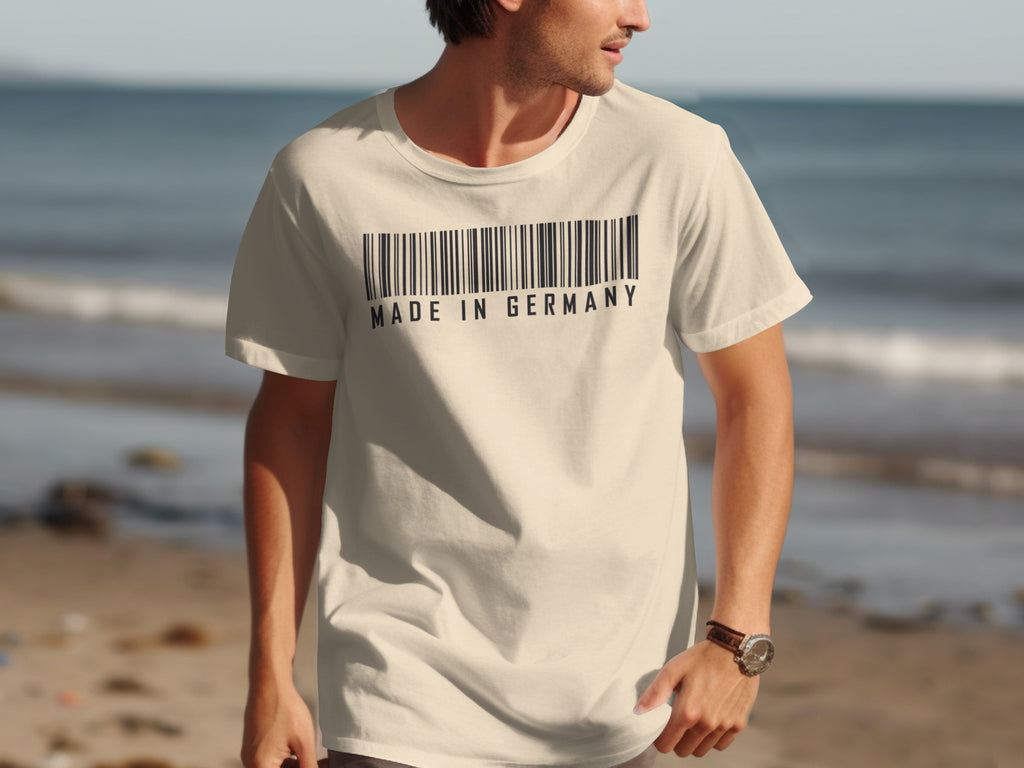 T-shirt with barcode and "Made in Germany" text on chest