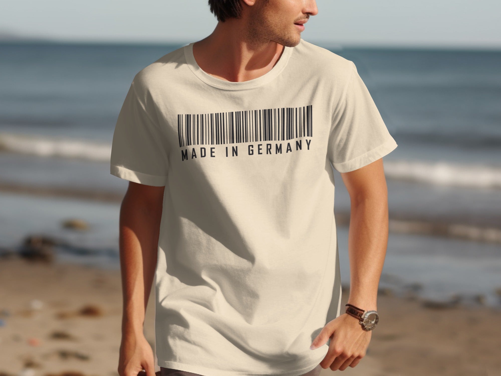 T-shirt with barcode and "Made in Germany" text on chest