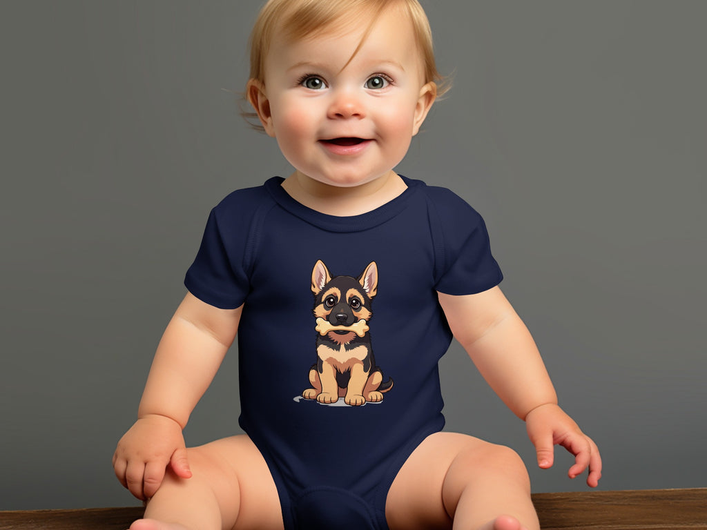 Baby wearing a navy blue bodysuit with a German Shepherd dog graphic.