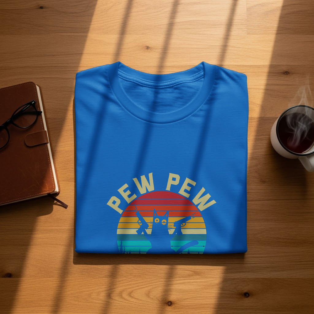 Blue t-shirt with "Pew Pew" text and a cat holding two guns.
