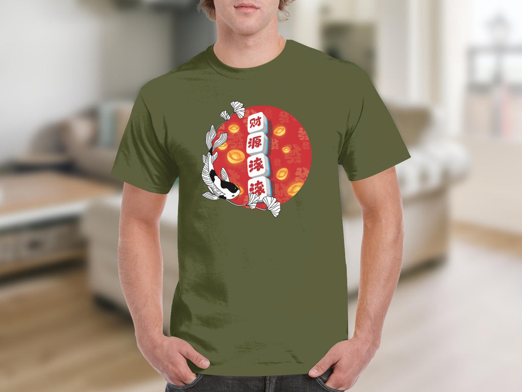 Green t-shirt with a black and white koi fish and Asian characters.