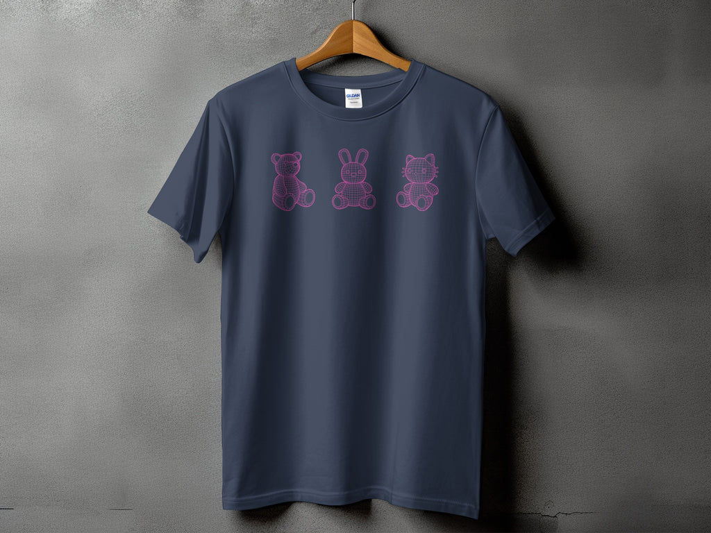 Dark blue t-shirt with pink wireframe teddy bear, bunny, and cat graphics.