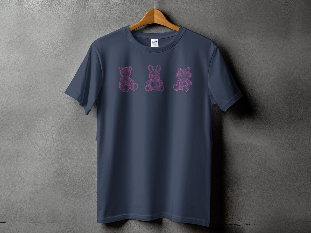 Dark blue t-shirt with pink wireframe teddy bear, bunny, and cat graphics.