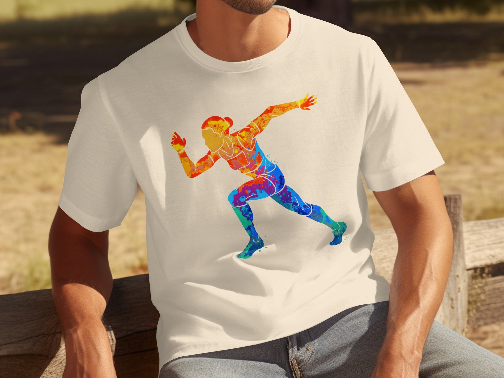 T-shirt with colorful watercolor runner graphic on a light cream background.
