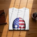 White t-shirt featuring a hockey mask design with the American flag.