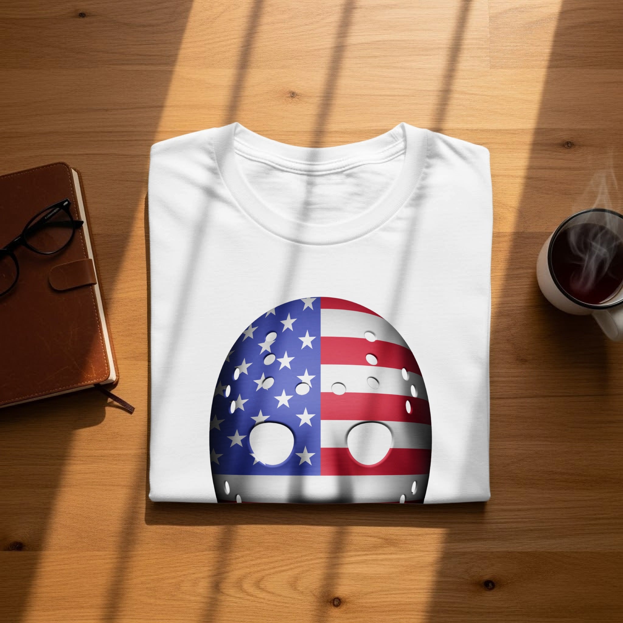 White t-shirt featuring a hockey mask design with the American flag.