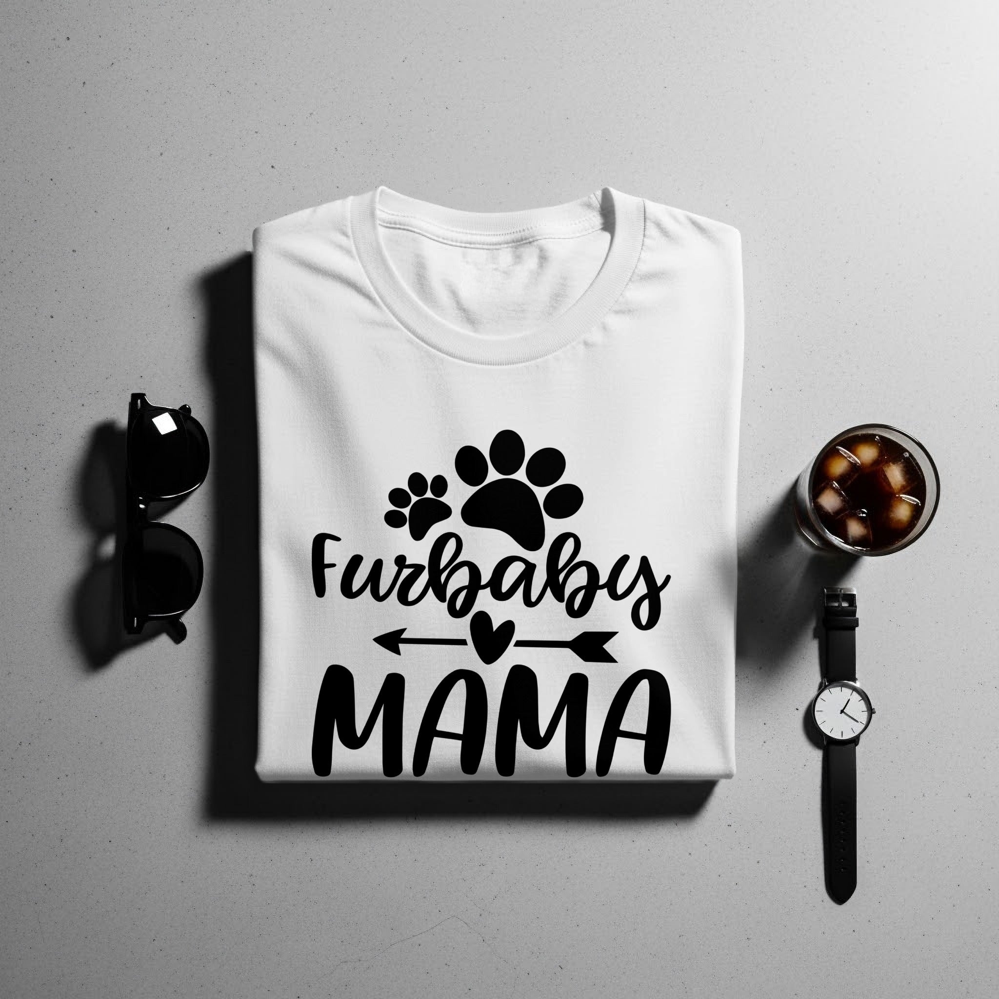 White t-shirt with "Furbaby MAMA" text and paw prints.