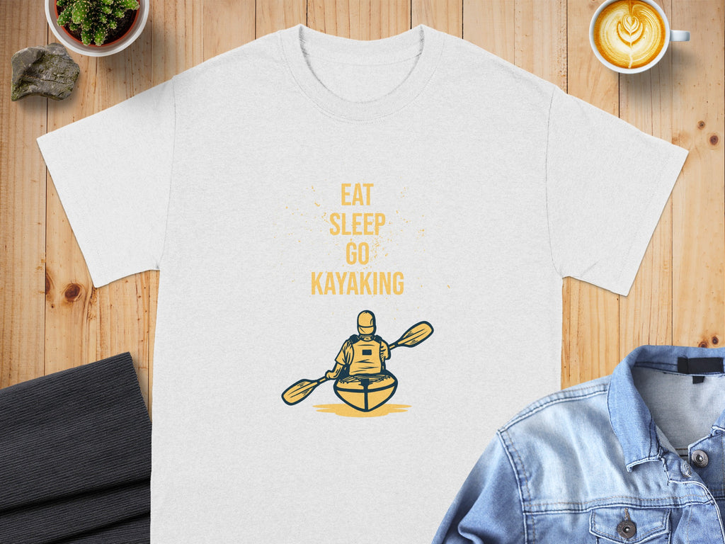 White t-shirt with "Eat Sleep Go Kayaking" text and kayaker graphic.