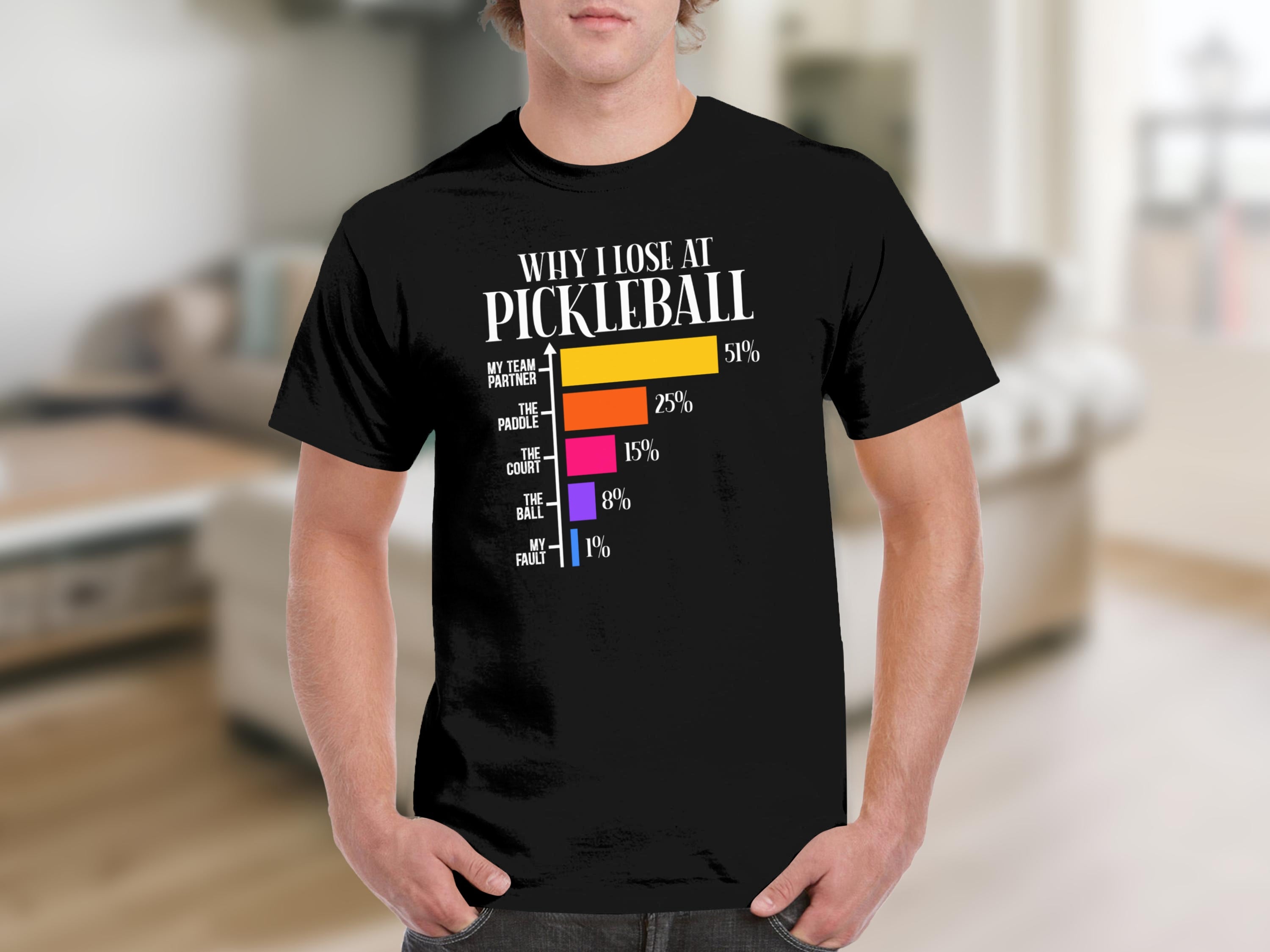 Black t-shirt with "Why I Lose at Pickleball" chart showing partner error at 51%.