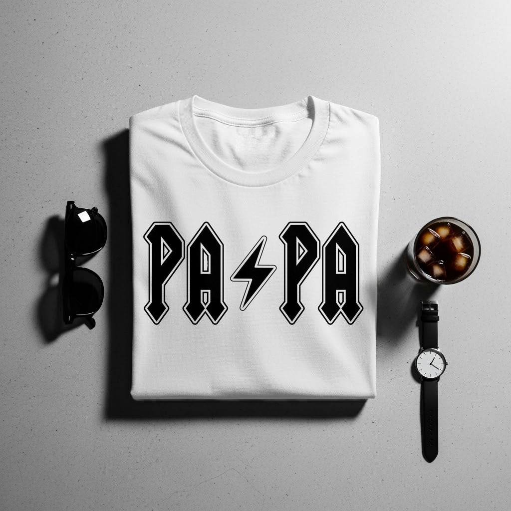 White t-shirt with "PAPA" text and a lightning bolt graphic.