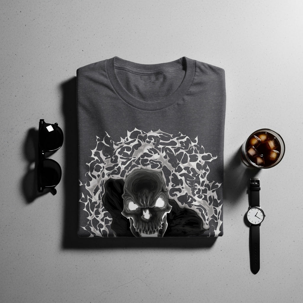 Dark grey t-shirt with a skull and fiery abstract design.
