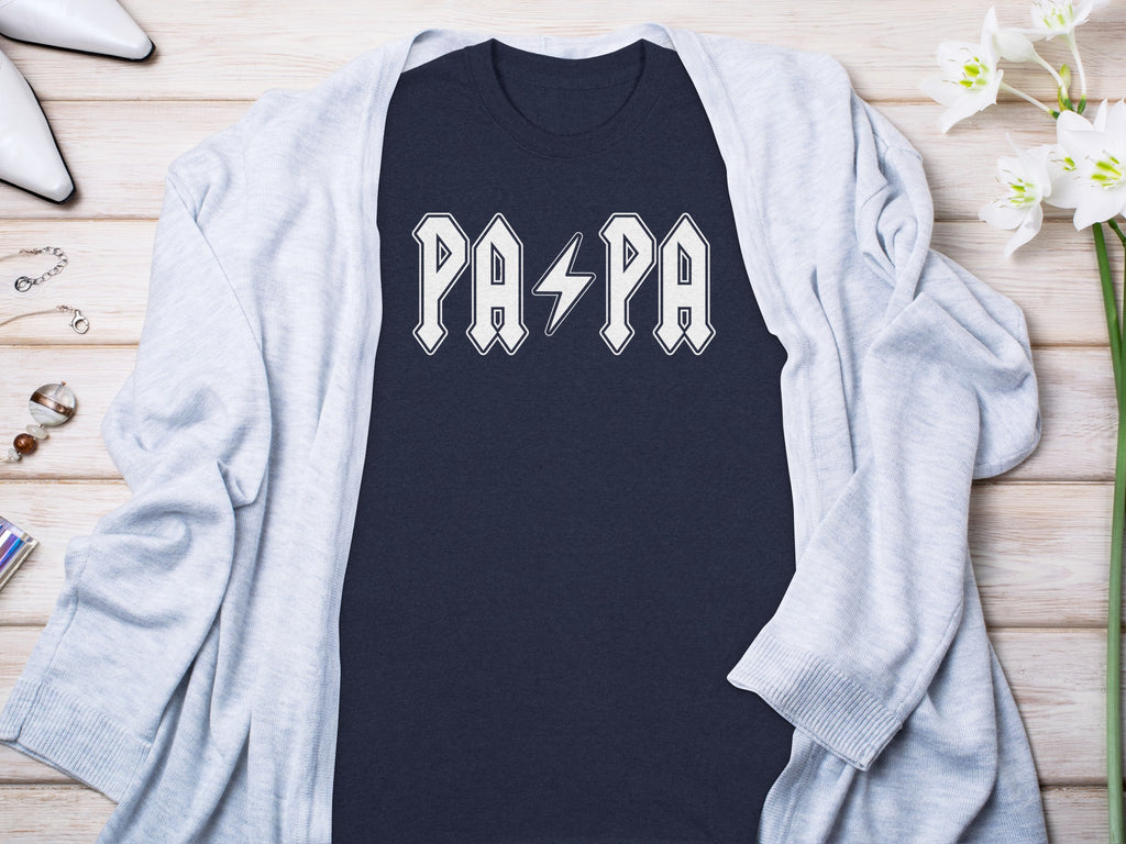 Dark blue t-shirt with white "PAPA" graphic and lightning bolt.