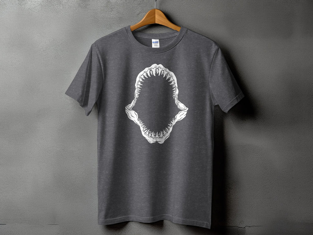 Dark grey t-shirt with white shark jaw graphic on front.