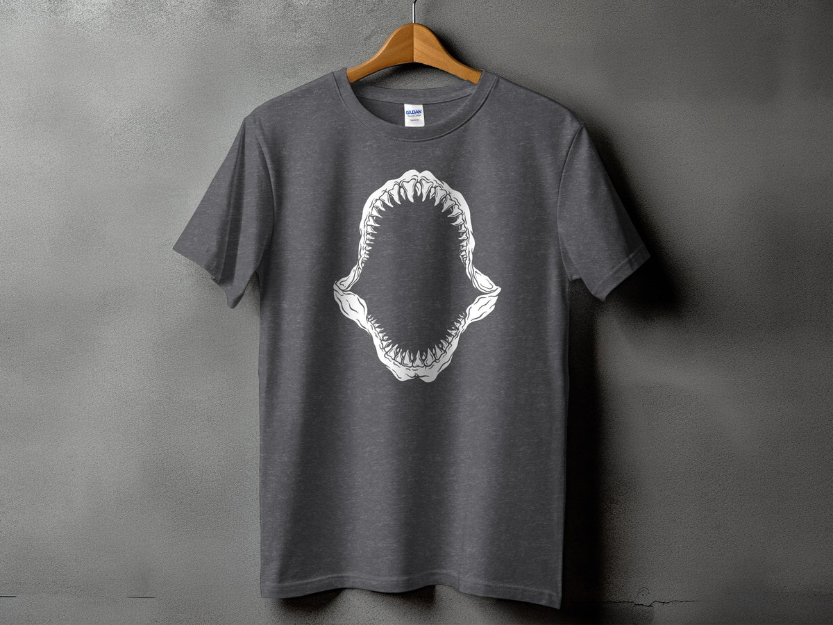 Dark grey t-shirt with white shark jaw graphic on front.