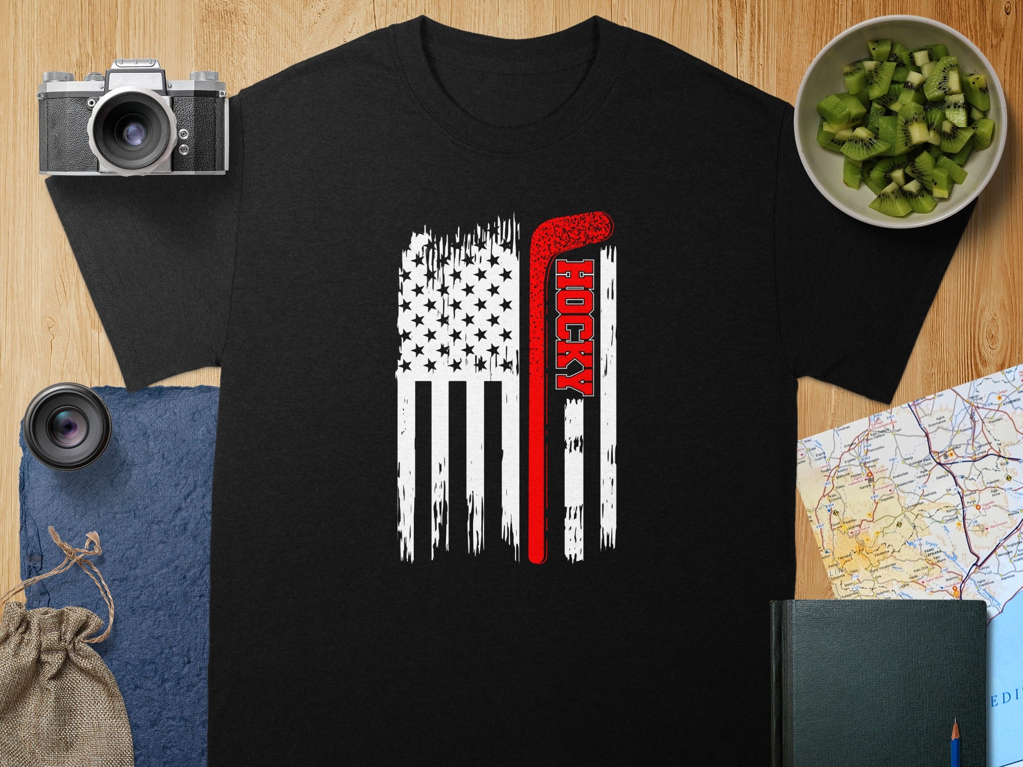 Black t-shirt with distressed American flag and "HOCKEY" text.