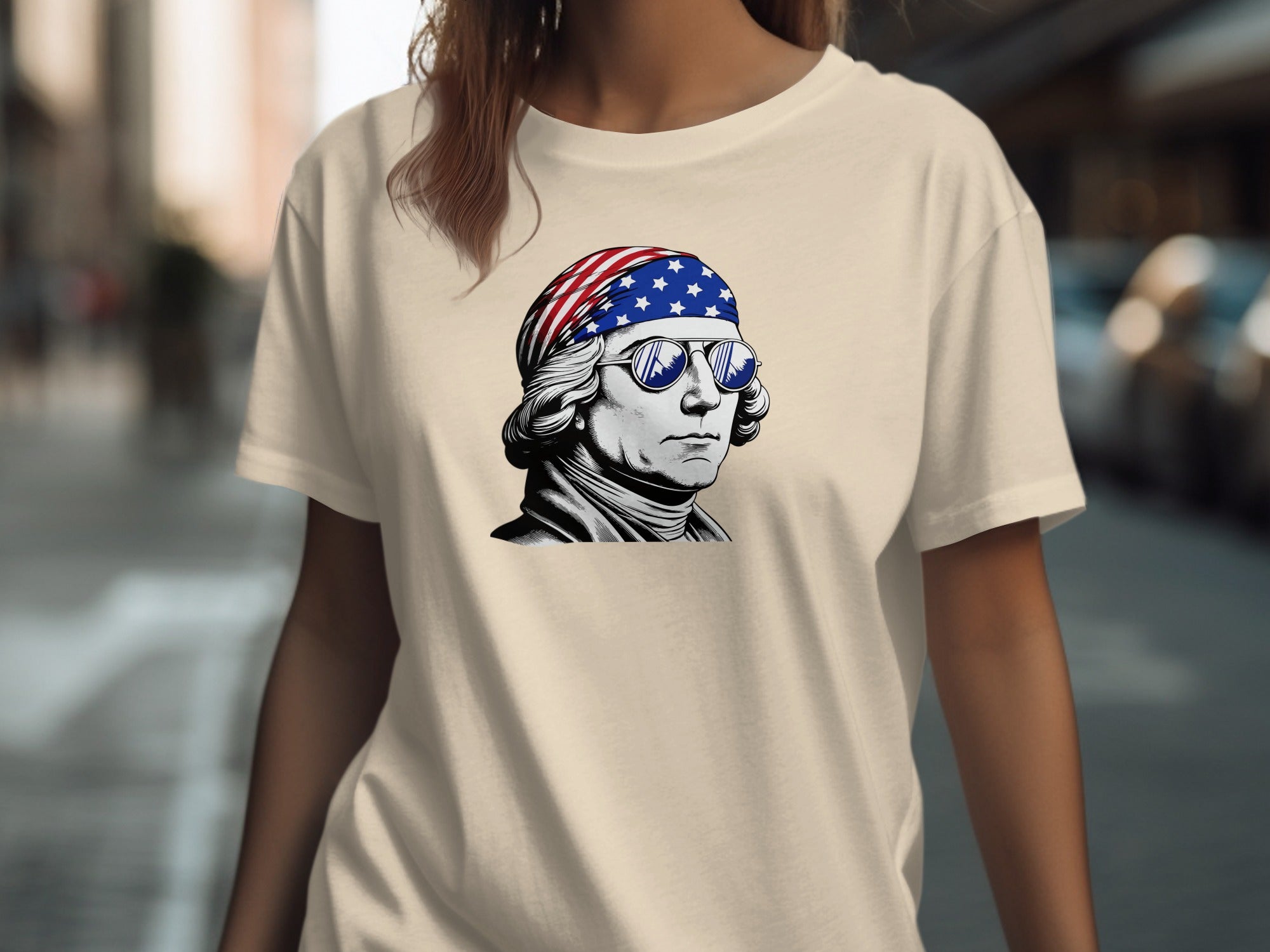 T-shirt graphic of George Washington wearing American flag bandana and mirrored sunglasses.