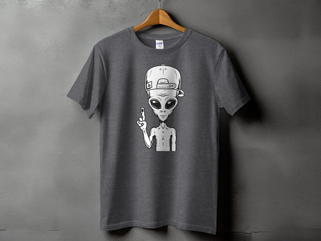 Grey t-shirt with graphic of alien wearing a backwards baseball cap and giving peace sign.
