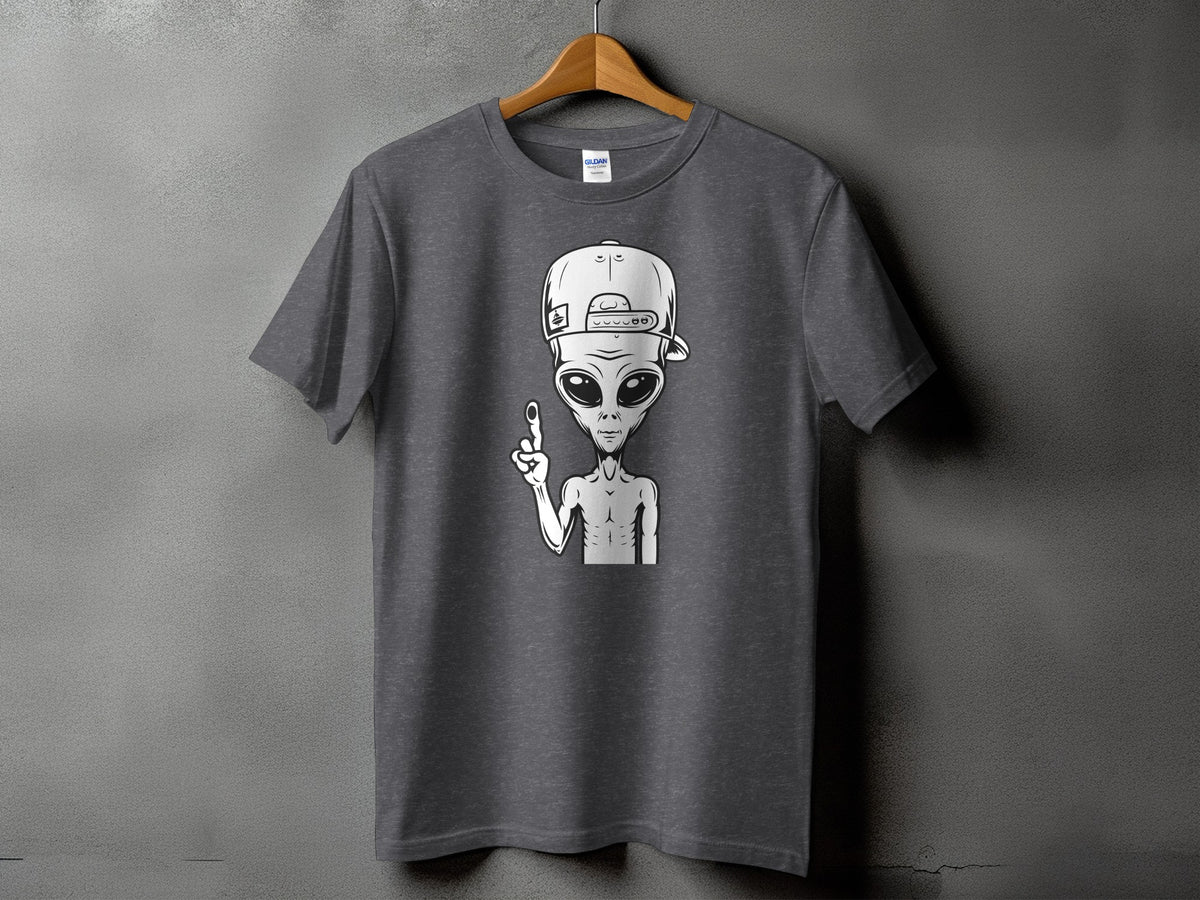 Grey t-shirt with graphic of alien wearing a backwards baseball cap and giving peace sign.