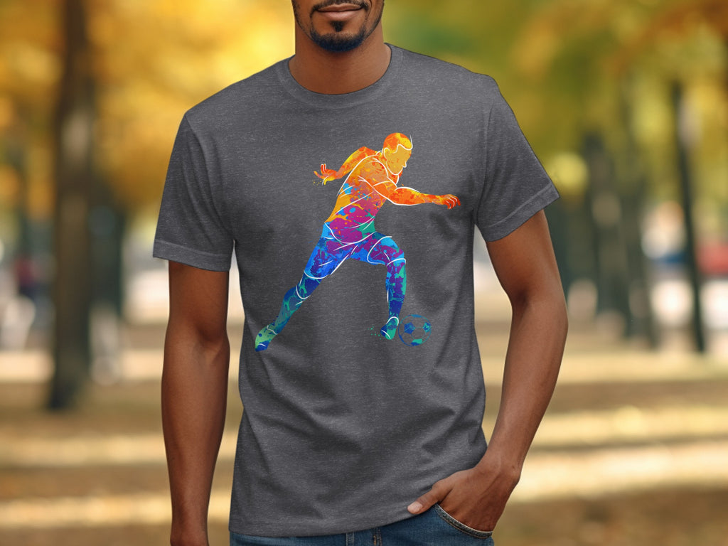 Dark gray t-shirt with a colorful watercolor soccer player graphic and a soccer ball.