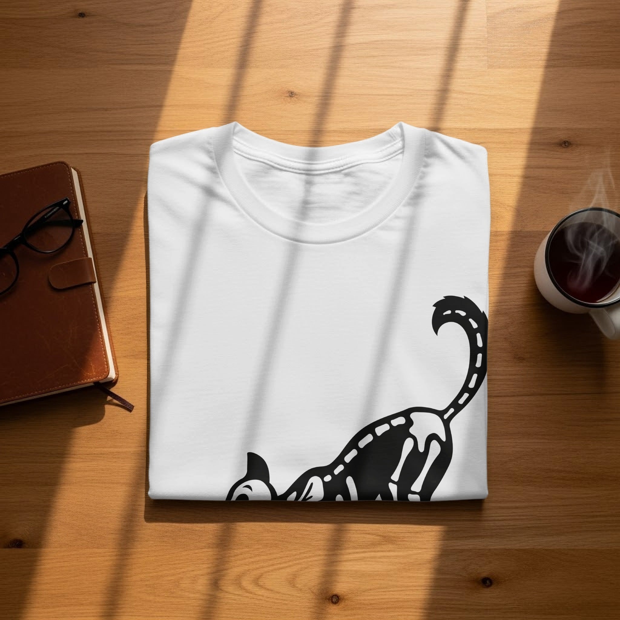 White t-shirt with black skeleton cat graphic, laid flat with notebook and coffee.