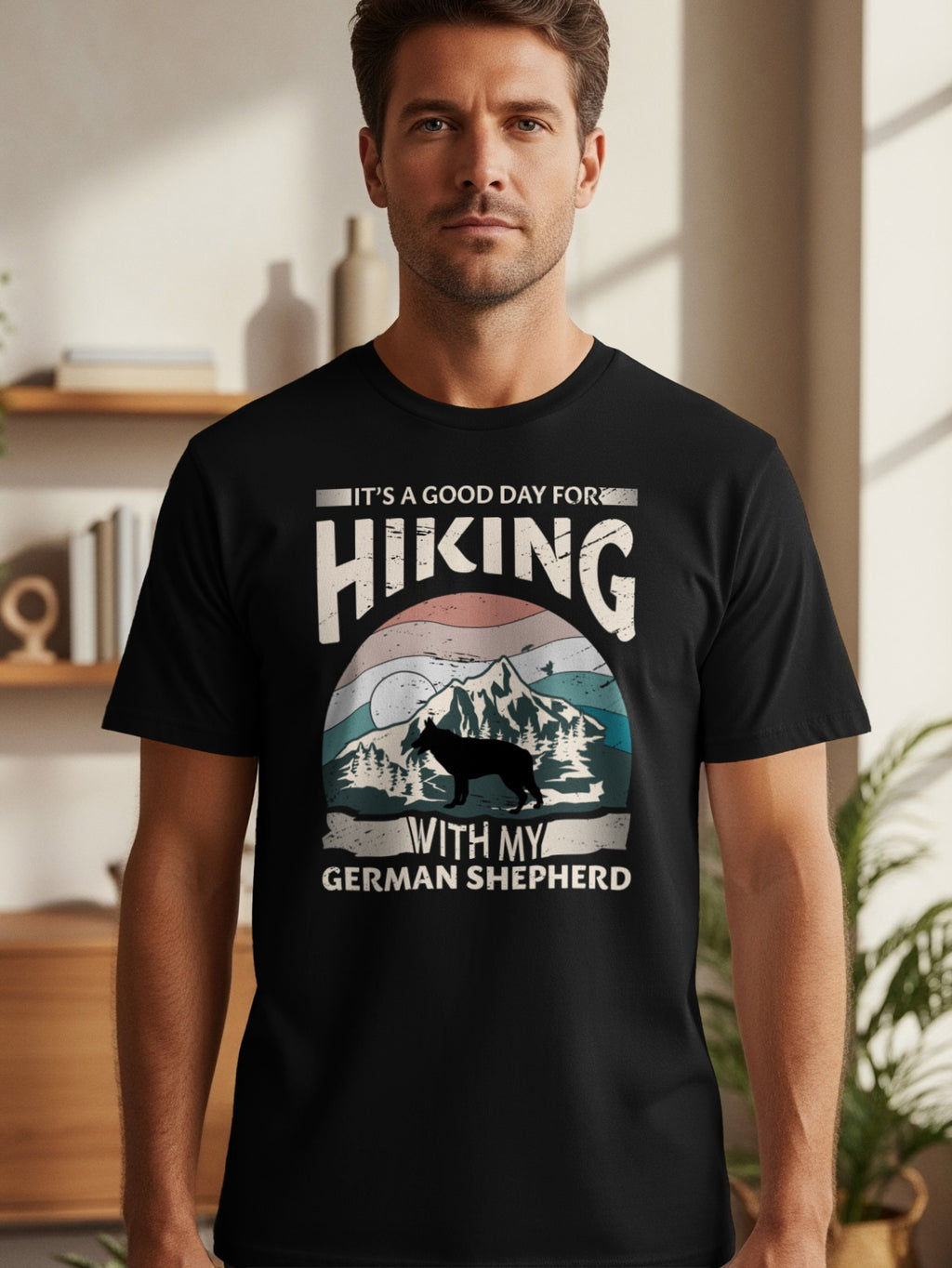 Black t-shirt with "It's a good day for hiking with my German Shepherd" text and graphic.