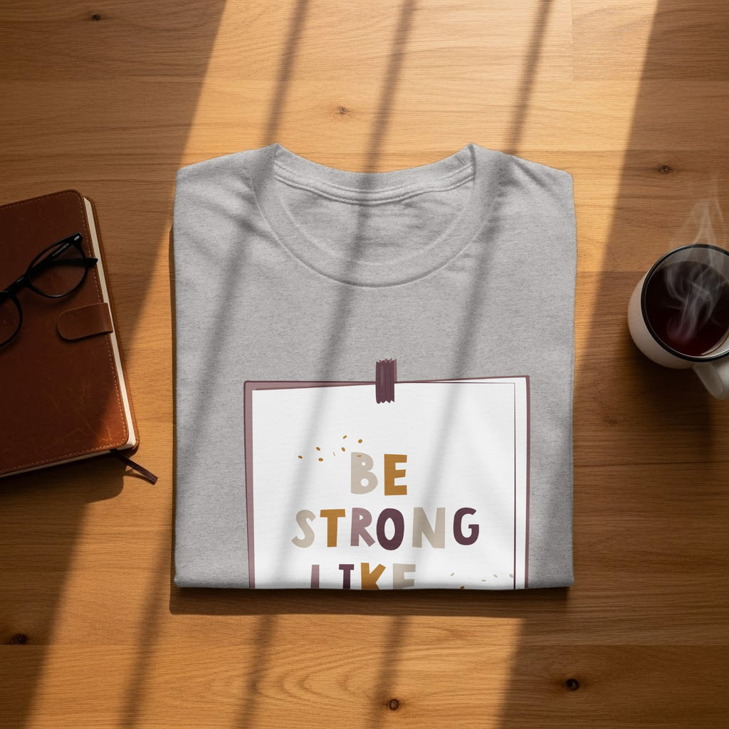 Grey t-shirt with "BE STRONG LIKE" text on a white and purple border.