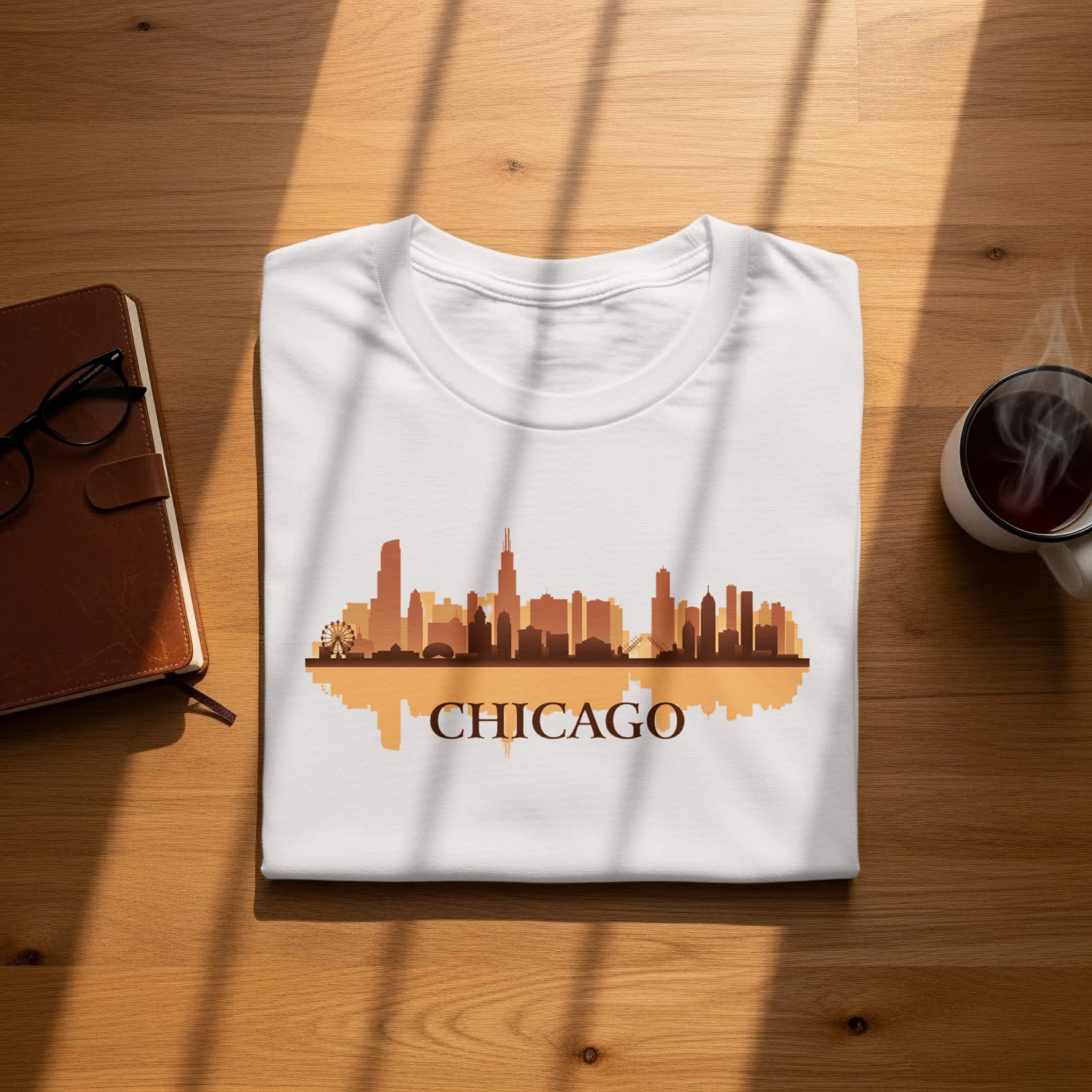 White t-shirt with a brown Chicago skyline silhouette and text.