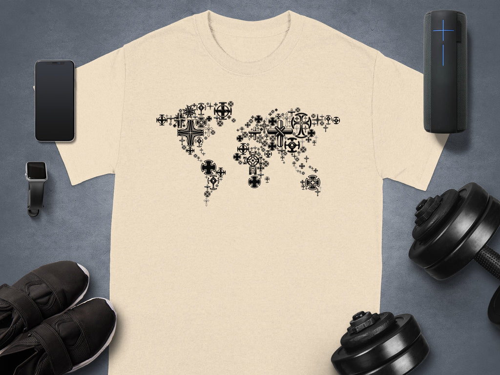 Light beige t-shirt with a black world map design made of crosses.